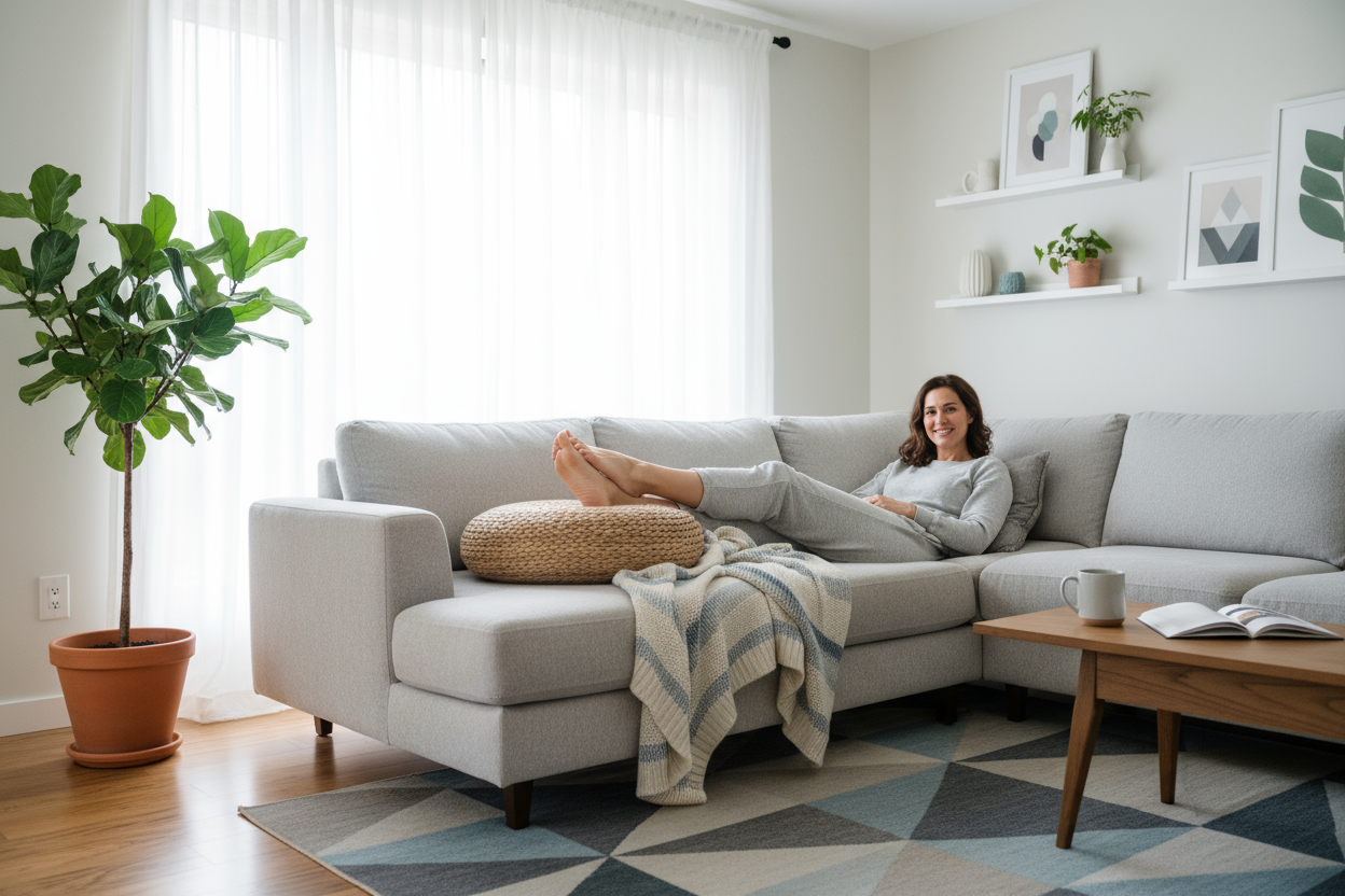 femme qui sourit, se relaxant sur un sofa de salon